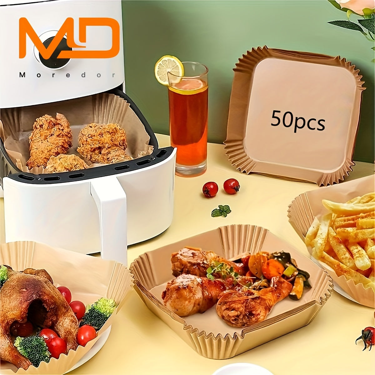 50/150pcs Papel de horno desechable para freidora de aire, cuadrado, antiadherente, resistente al aceite, impermeable, para hornear, asar, microondas
