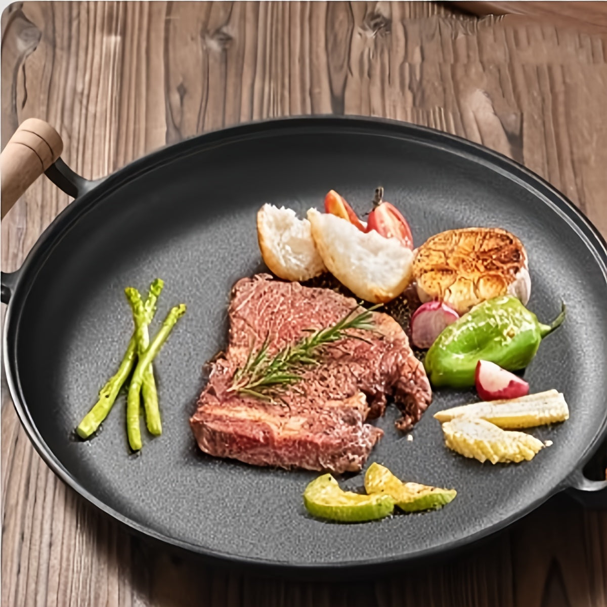 Sartén de hierro fundido con mango de madera, sartén antiadherente resistente al calor