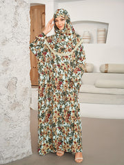Plus Size Floral Dress Long Sleeve Prayer Dress with Hijab