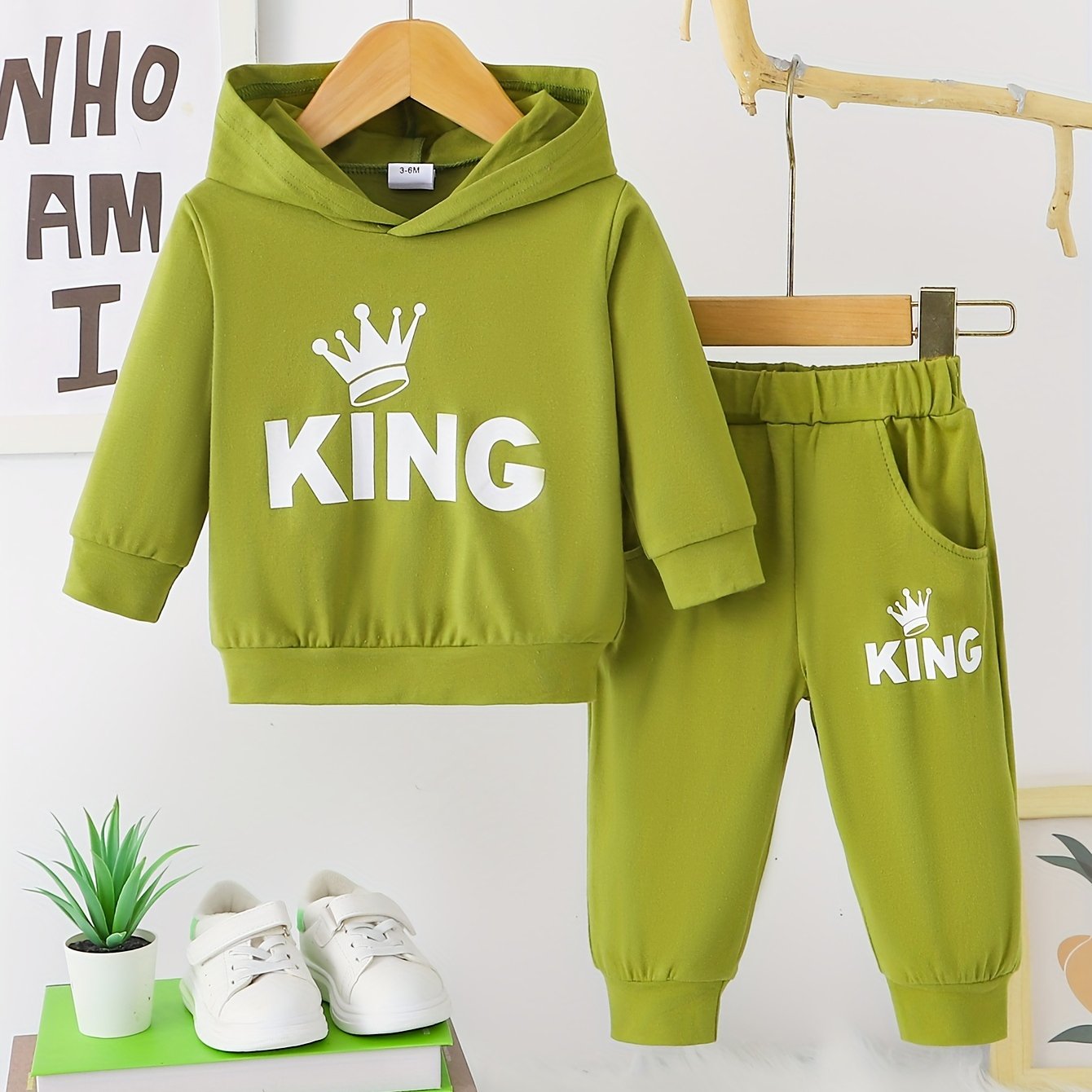 Baby Boy's Casual Outfit Set Cotton Hooded Sweatshirt and Pants with KING Print