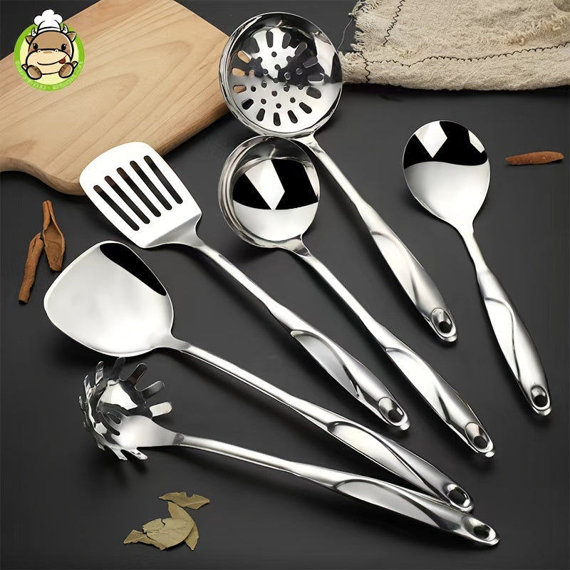 Six-Piece Stainless Steel Kitchen Utensil Set with Hollow Handles and Mirror Finish