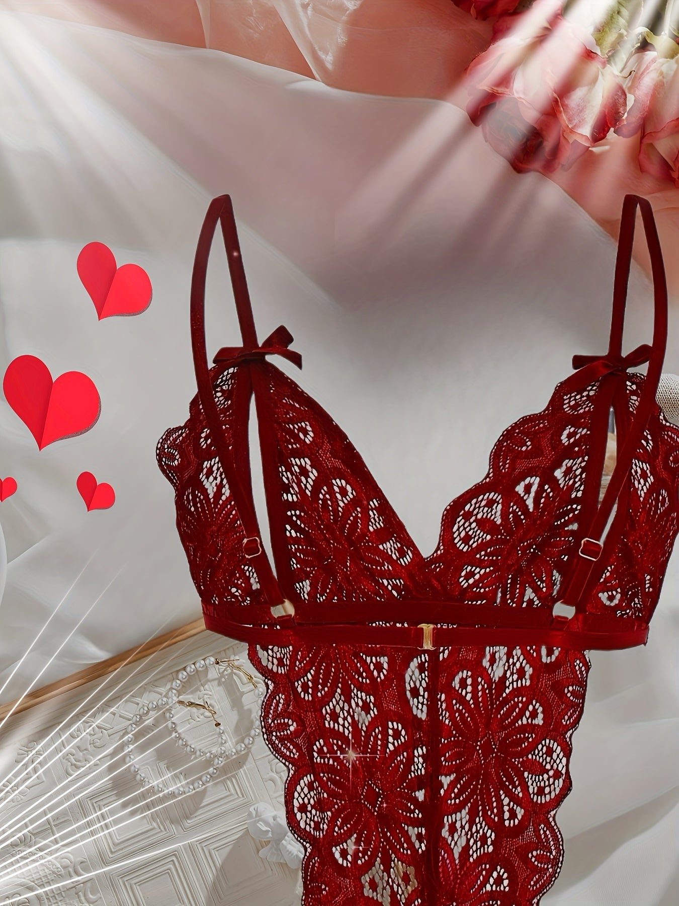 Women's Burgundy Floral Lace Teddy Bodysuit with Adjustable Straps