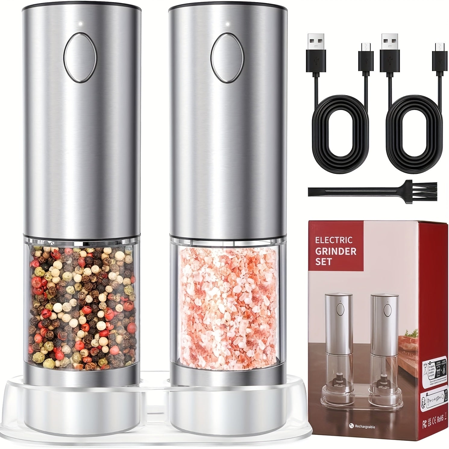 Set of 2 stainless steel electric grinders with LED light USB-C rechargeable battery kitchen grinding tool
