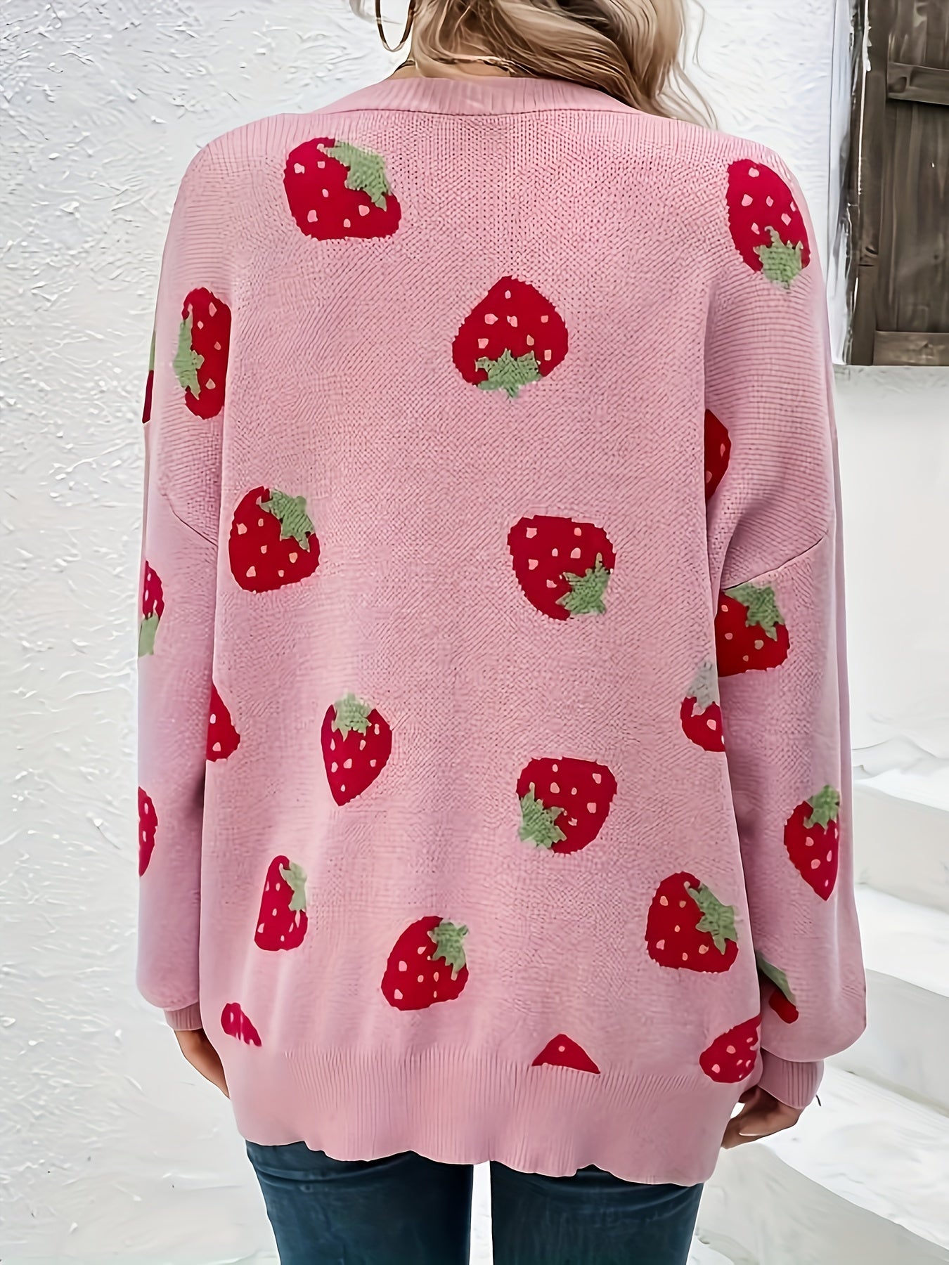 Women’s Long Sleeve Cardigan with Strawberry Prints Oversized Sweater