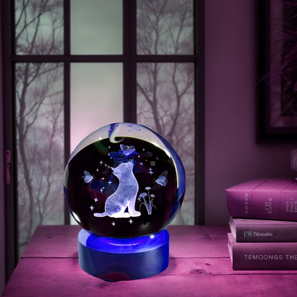 3D Cat and Butterfly Crystal Ball Night Light USB Color Changing Desk Decor Gift for Mom Girlfriend Valentine Birthday