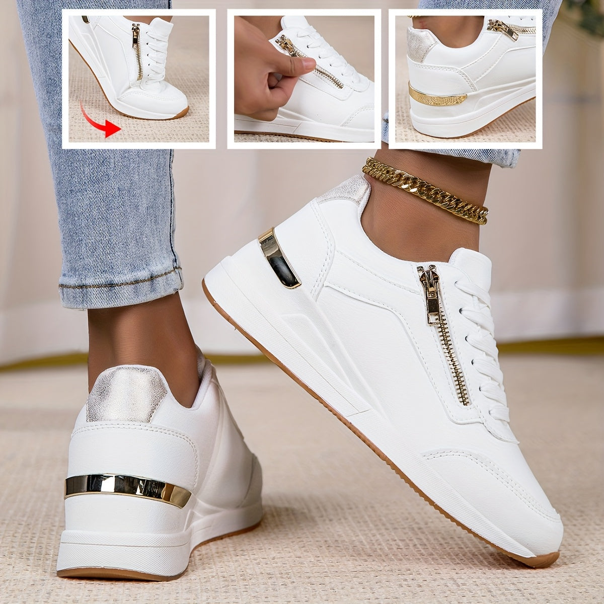 Women's White Low-Top Sneakers with Metallic Accents and Anti-Slip Sole