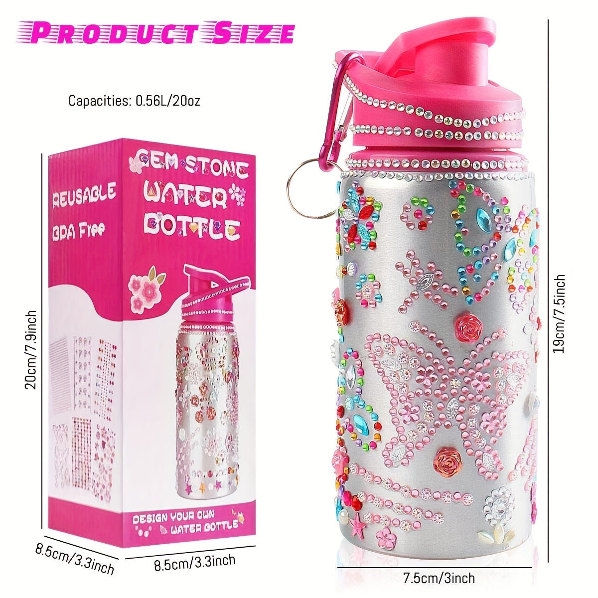 Reusable Water Bottle 20 Oz with Rhinestones and Glitter Personalizable BPA-Free