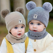 Infant Knitted Beanie and Scarf Set with Pom Pom and Alphabet Design for Fall Winter