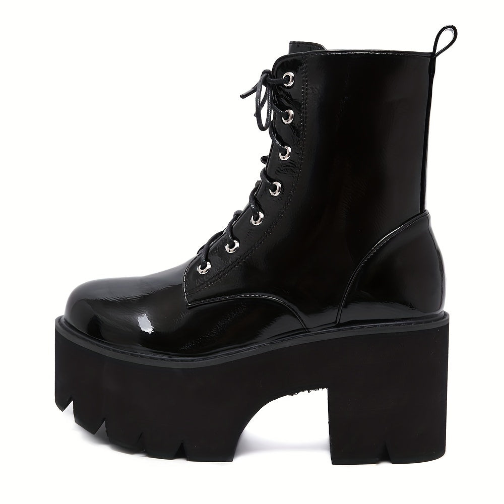 Women's Solid Color Platform Boots with Side Zipper and Round Toe