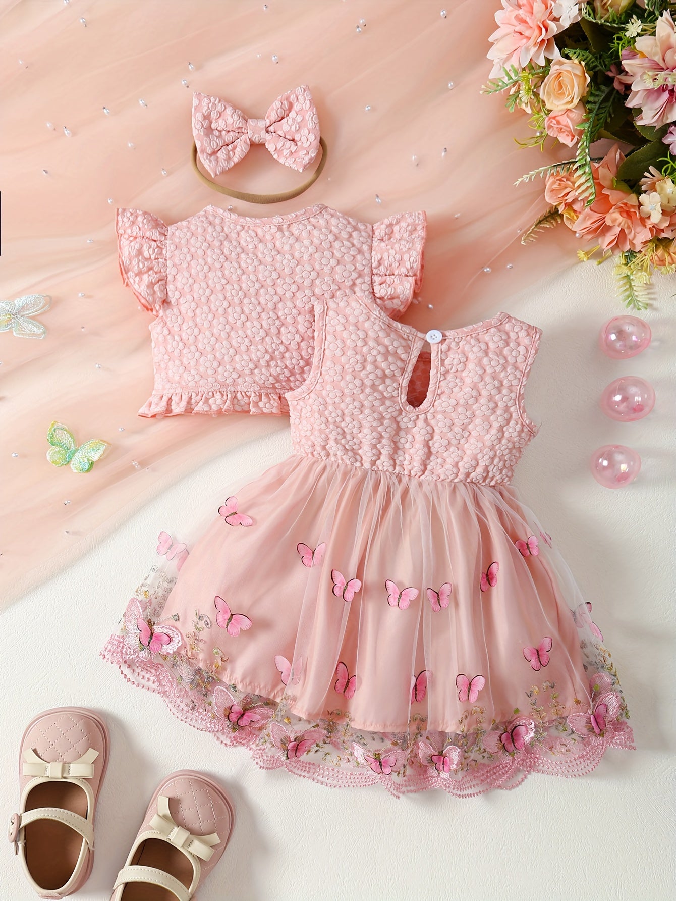 Girls Summer Outfit Set with Pink Butterfly Embroidered Tulle Dress and Crop Top