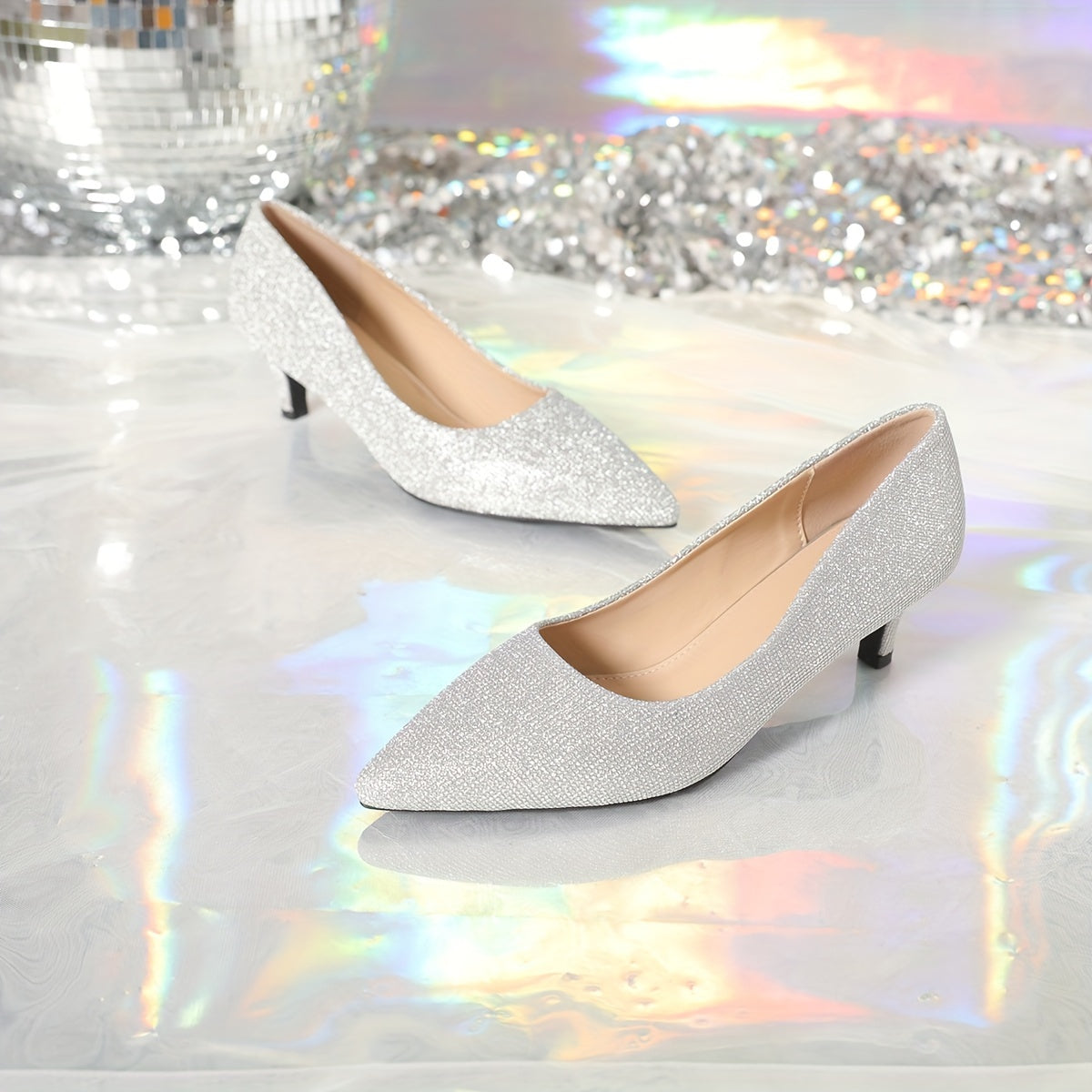Women's Silver Mid-Heel Pumps with Pointed Toes for Parties and Weddings