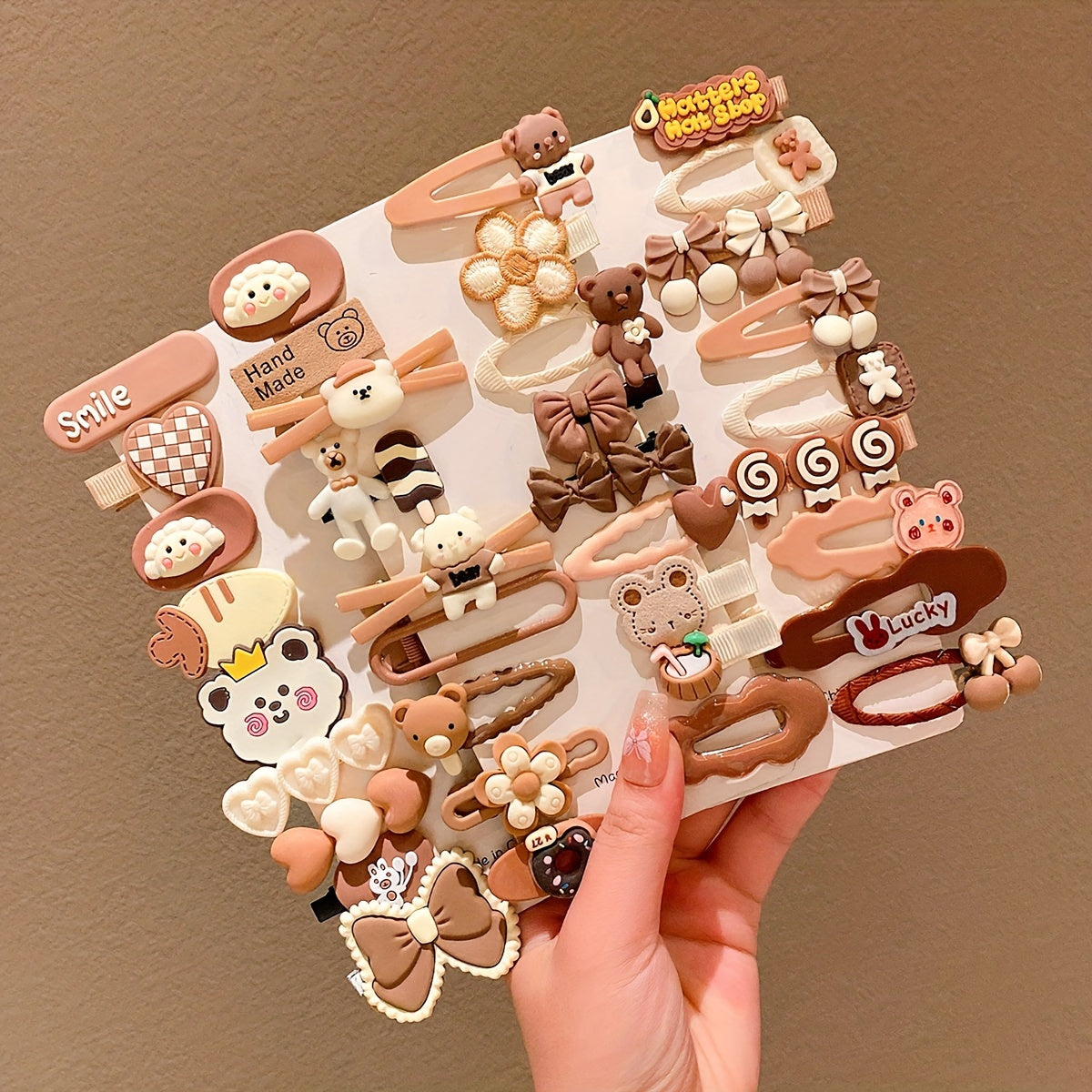 10/14/24 dona jigarrang soch kliplari qizlar uchun, kuz-qish mavsumi, multfilm bosh kiyimlari, mato bo'lmagan material