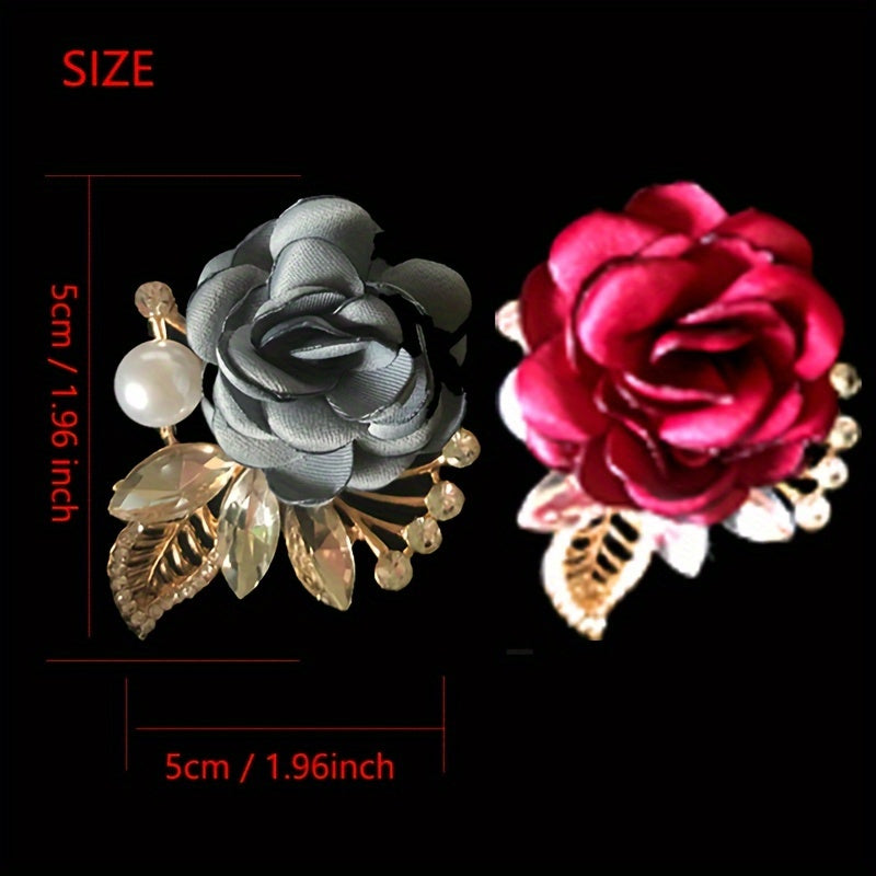 Metal Flower Brooch Pin with Rhinestones and Pearl Details Red and Grey Rose Design Gift Box Fashion Accessory