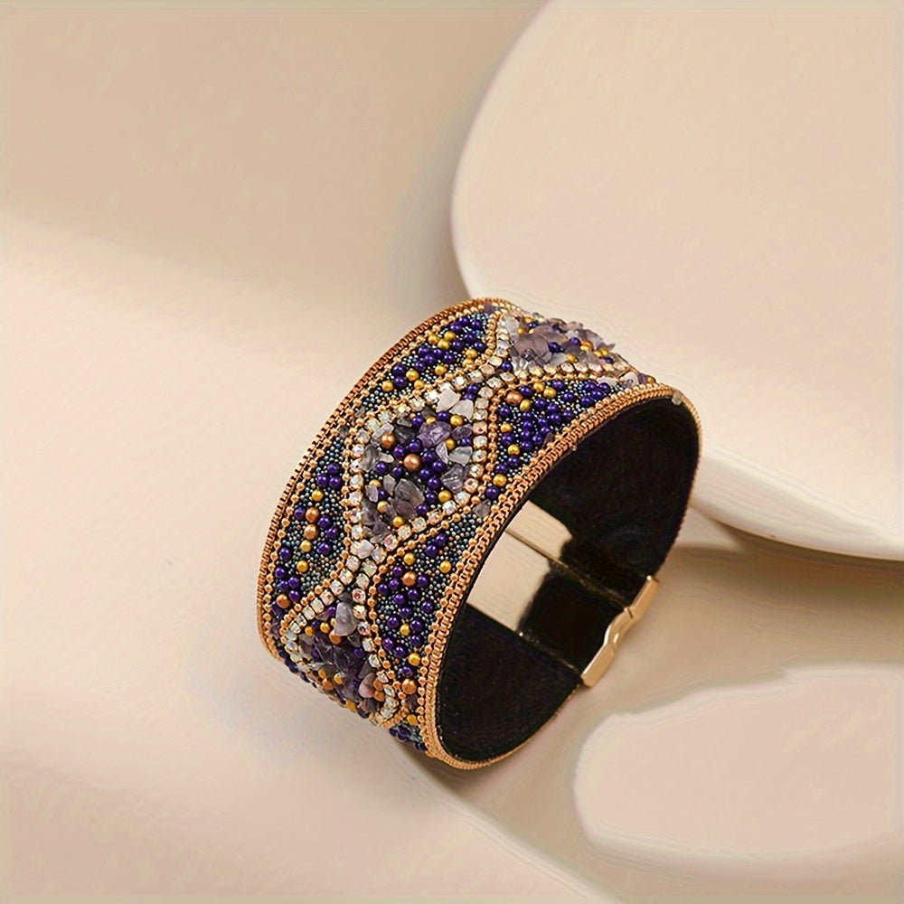 Women's Handmade Natural Stone Bead Faux Leather Bracelet with Magnetic Clasp