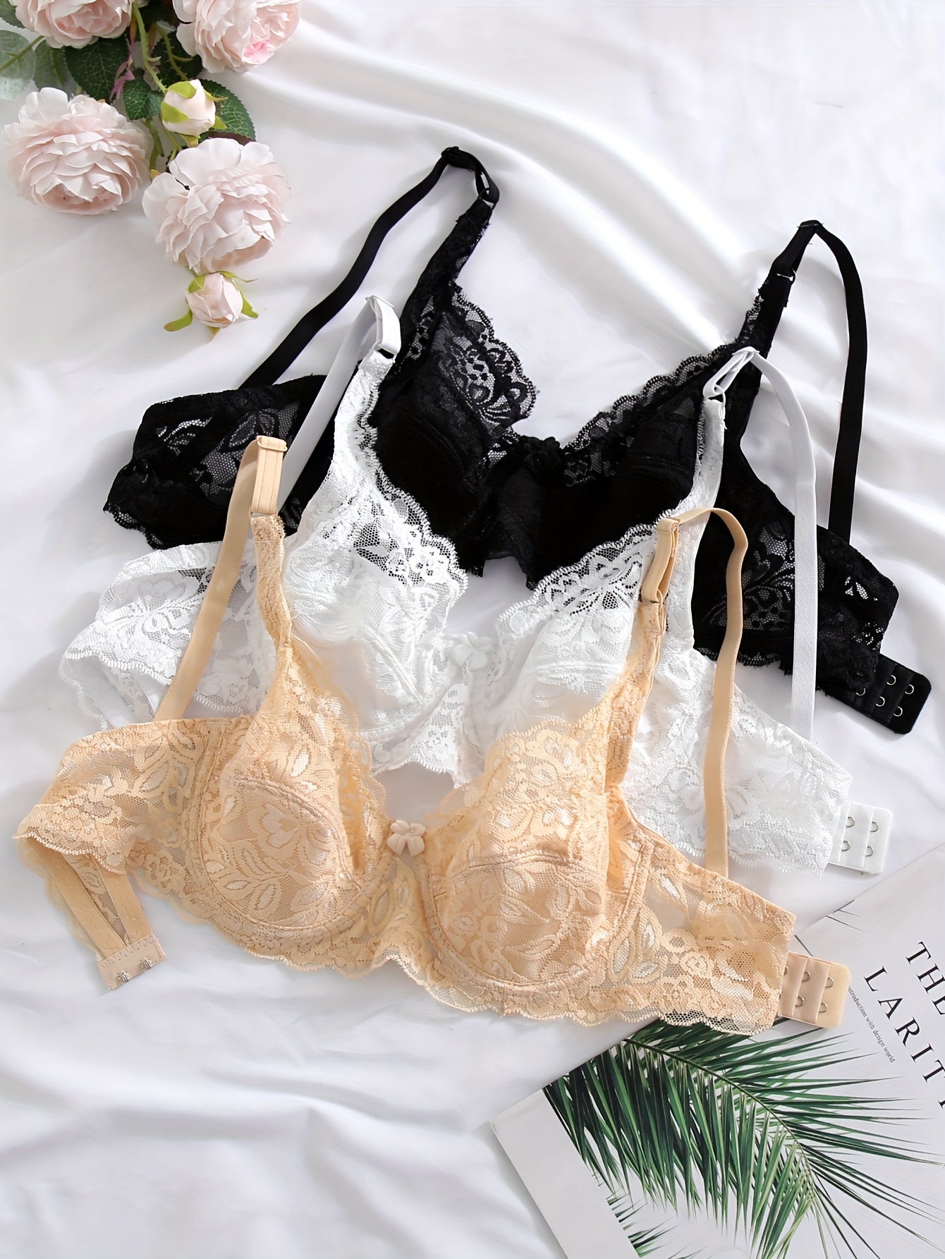 3-упаковка кружевных бюстгальтеров с эффектом пуш-ап для женщин, 70% спандекс, однотонные с бантиком, с косточками, без подкладки, женское белье