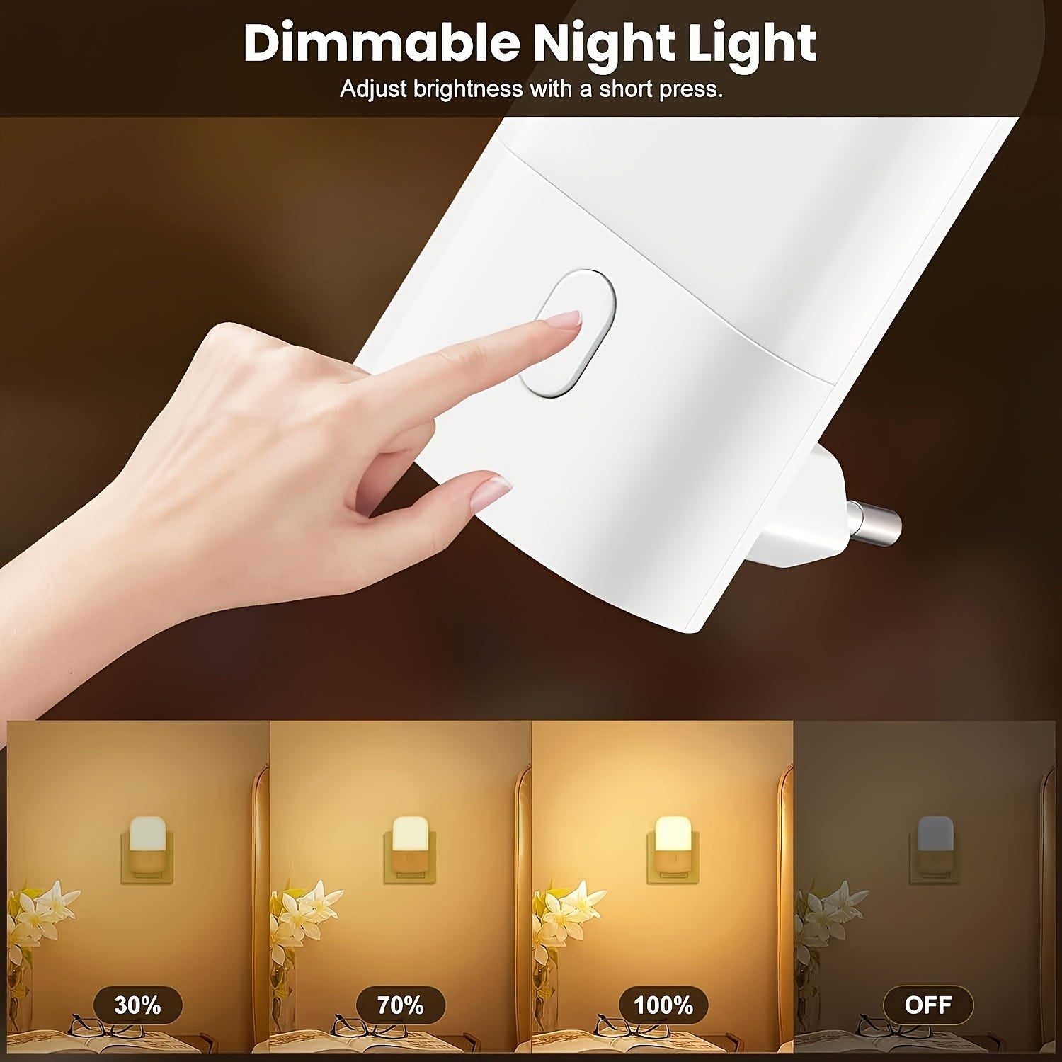 Adjustable Brightness LED Night Light for Bedroom Bathroom Kitchen Corridor Stairs Warm White 1 or 2 Pack