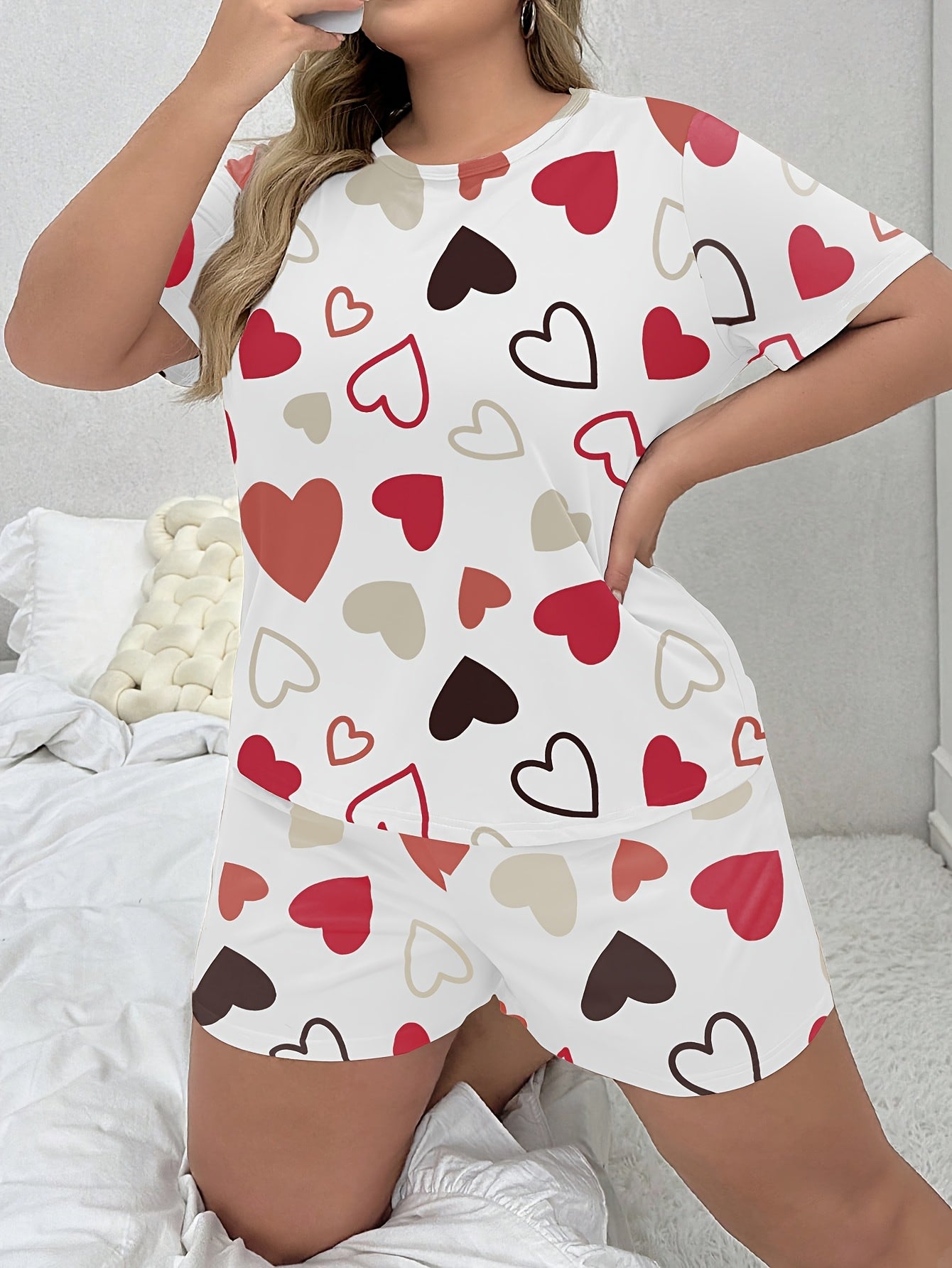 Women's Plus Size Heart Pattern Casual Shorts Pajama Set Polyester Knit