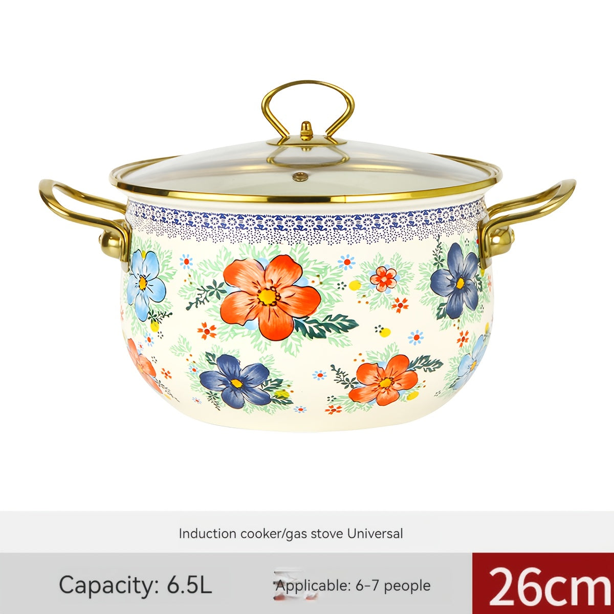 Enamel Soup and Stew Pot with Dual Handles, Clear Lid, Suitable for Gas and Induction Stoves