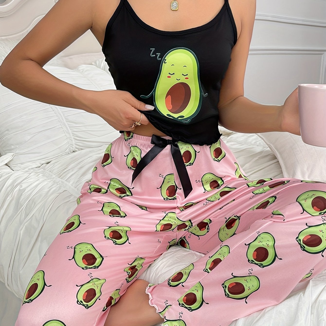 Conjunto de descanso para mujer con estampado gráfico, algodón-poliéster, top tipo camisón y pantalones