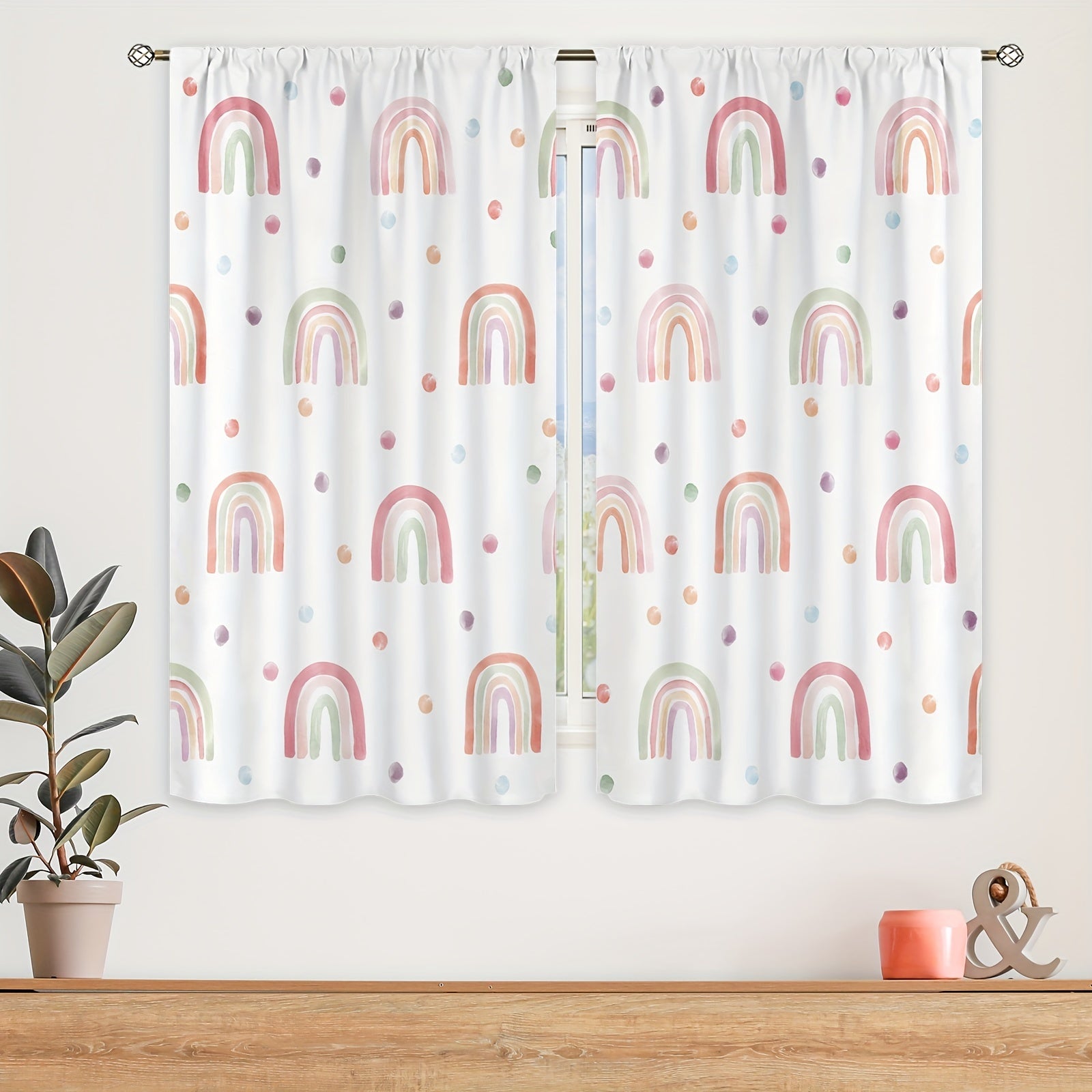 Bohemian Rainbow Cartoon Polyester Curtains 214x160cm 2 Pieces