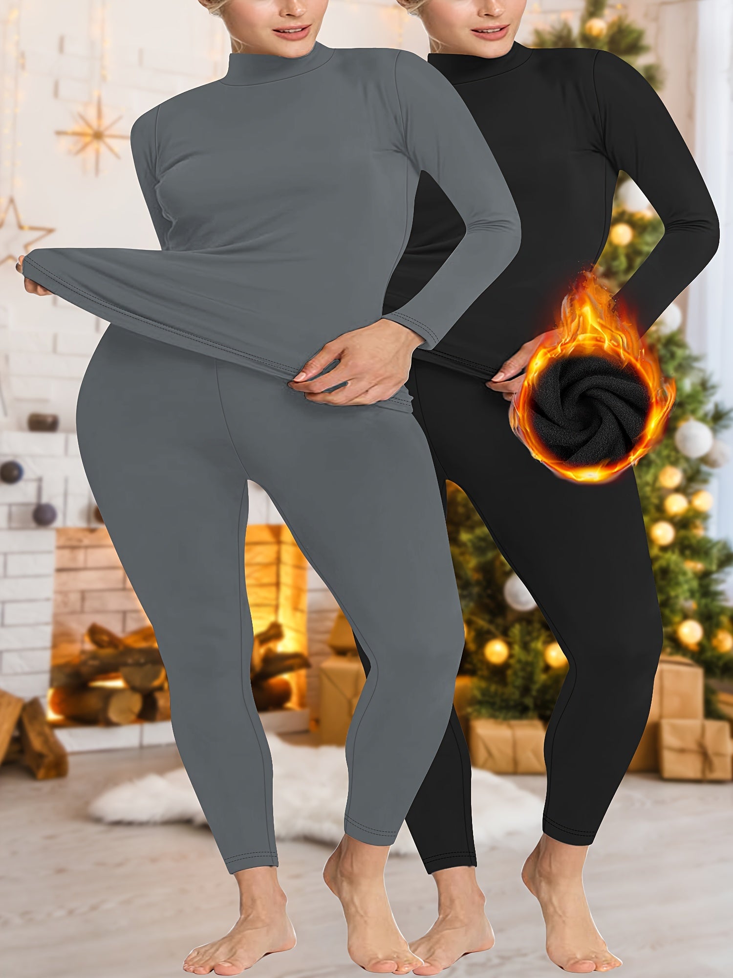 Plus Size Autumn Winter Fleece Warm Underwear Set With Neck Warmer