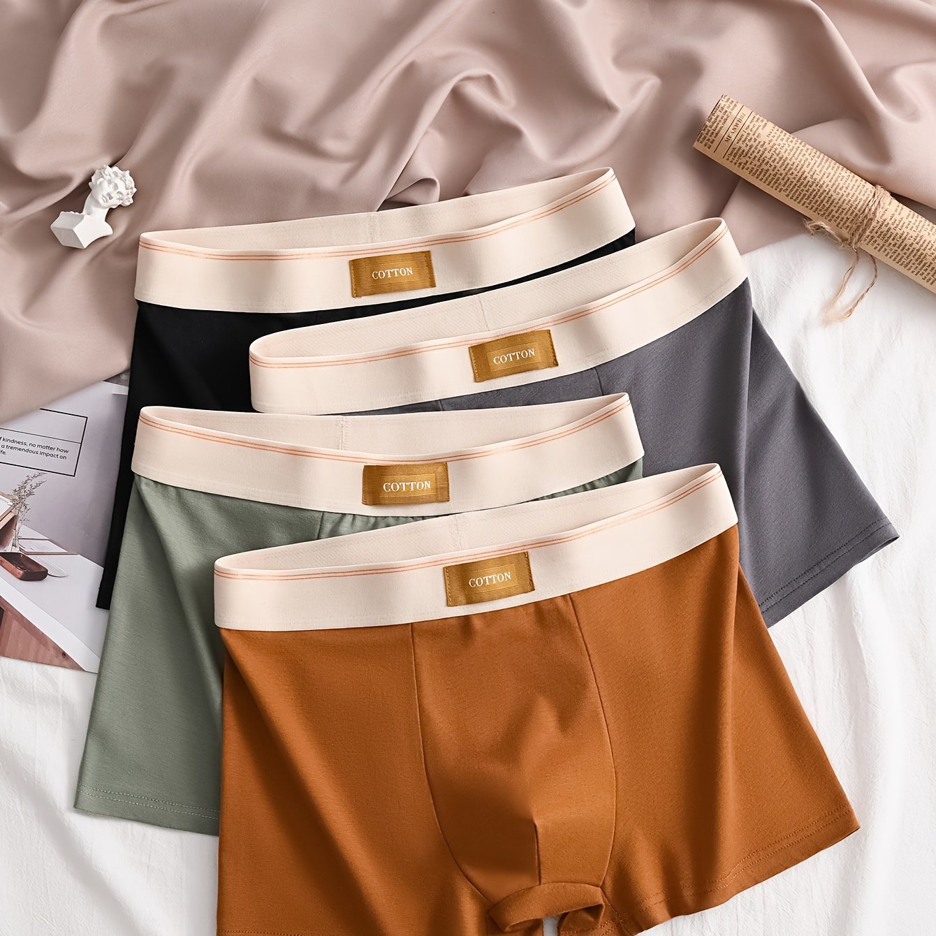 Men's Cotton Boxer Briefs 4-Pack Alphabet Pattern Breathable High Stretch Knit