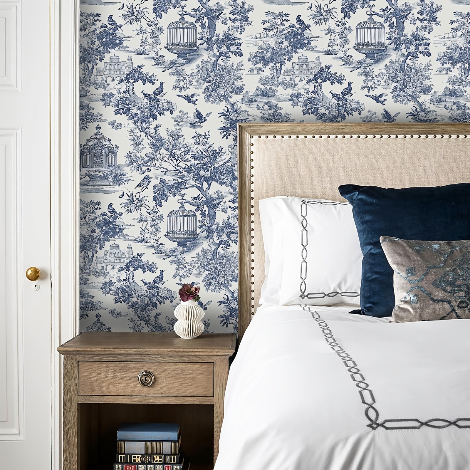 Retro Vinyl Wallpaper Blue Countryside Botanical Landscape Peel and Stick Waterproof Detachable for Home Decor