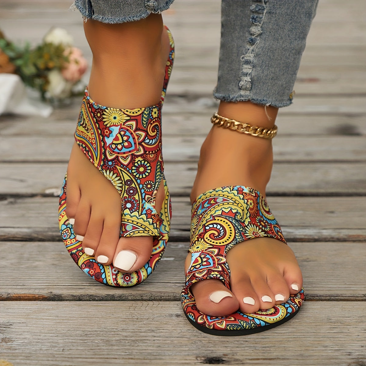 Women's Floral Print Slip-On Flat Sandals Open Toe Summer Beach