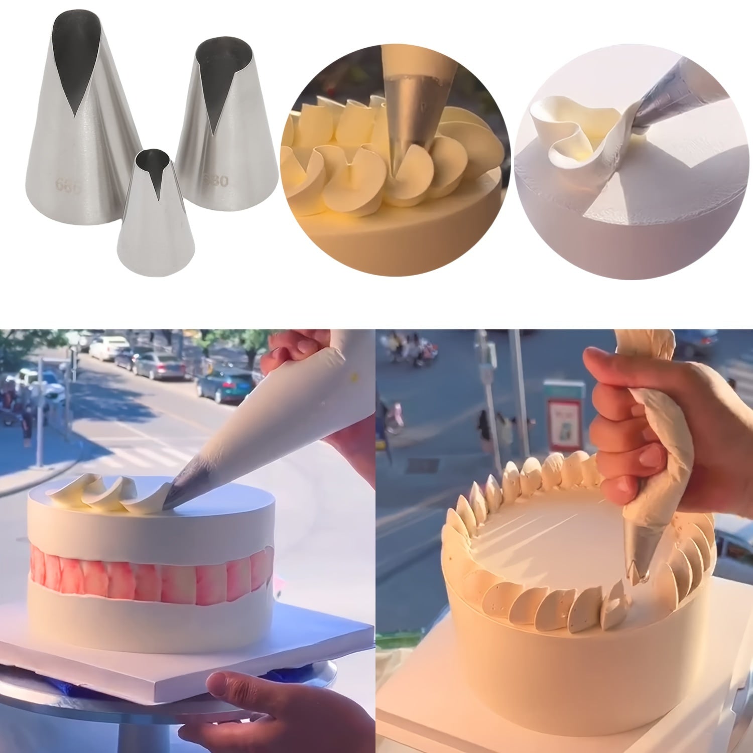 Uch dona zanglamas po'latdan yasalgan V-shaklidagi pishiriq uchi, mukammal bezatilgan kekslar va pechene uchun - Santa Anna muzqaymoq nozzle uchi, muzqaymoq va puff xamir tayyorlash uchun - Pishirish uchun zarur bo'lgan asboblar va oshxona aksessuarlar.