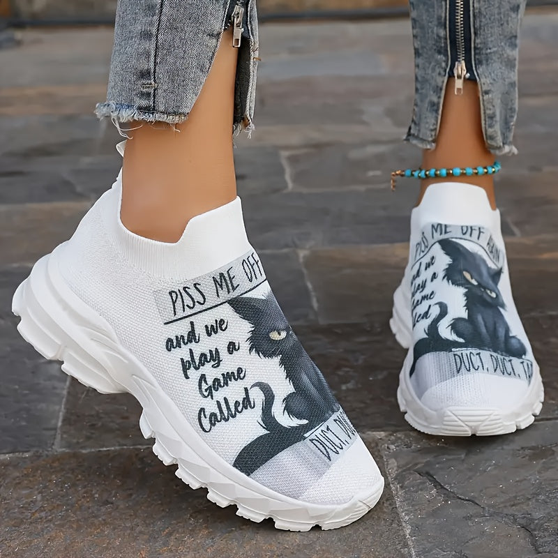 Women’s Cat Pattern Slip-On Sneakers Breathable Fabric Low Top Casual Shoes