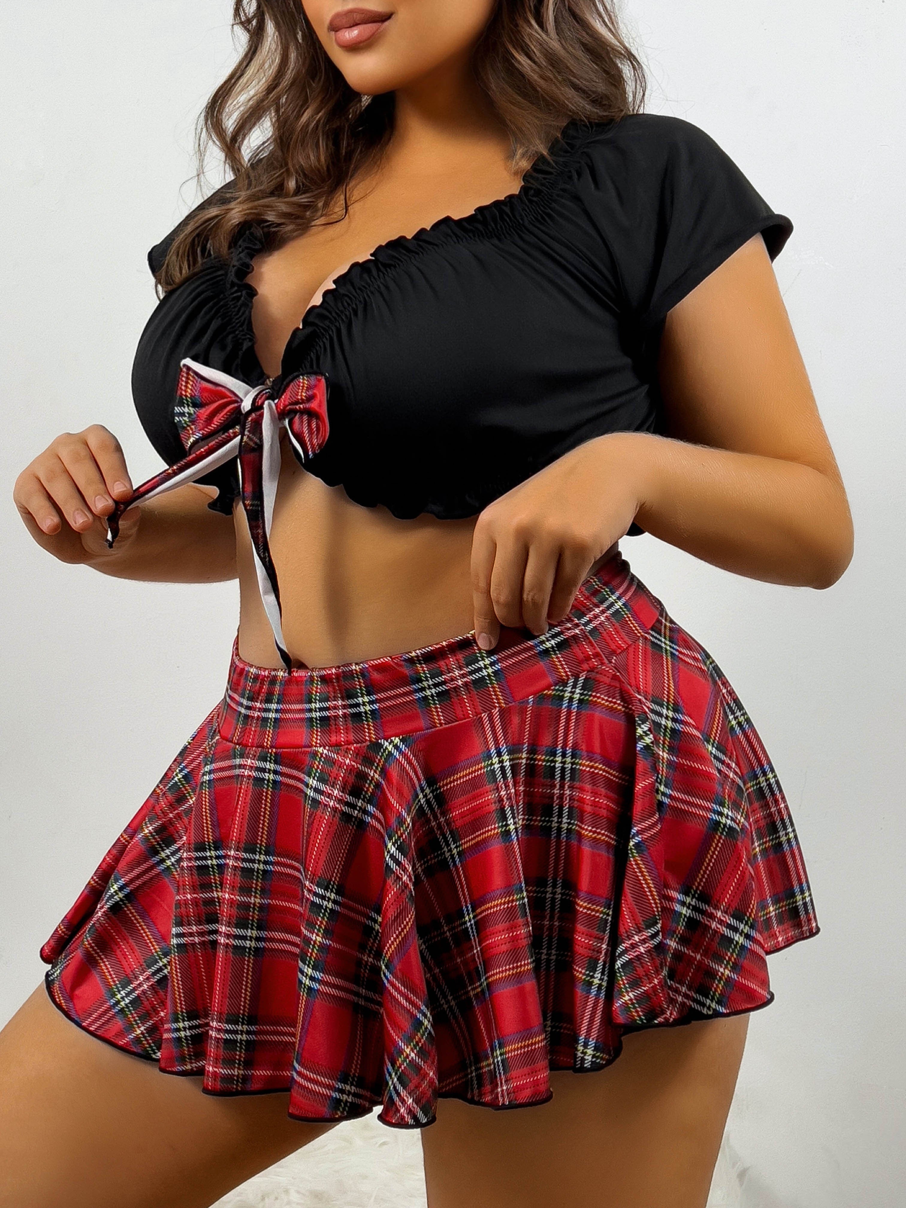 Women's Plus Size Plaid Crop Top Skirt Cosplay Costume Set