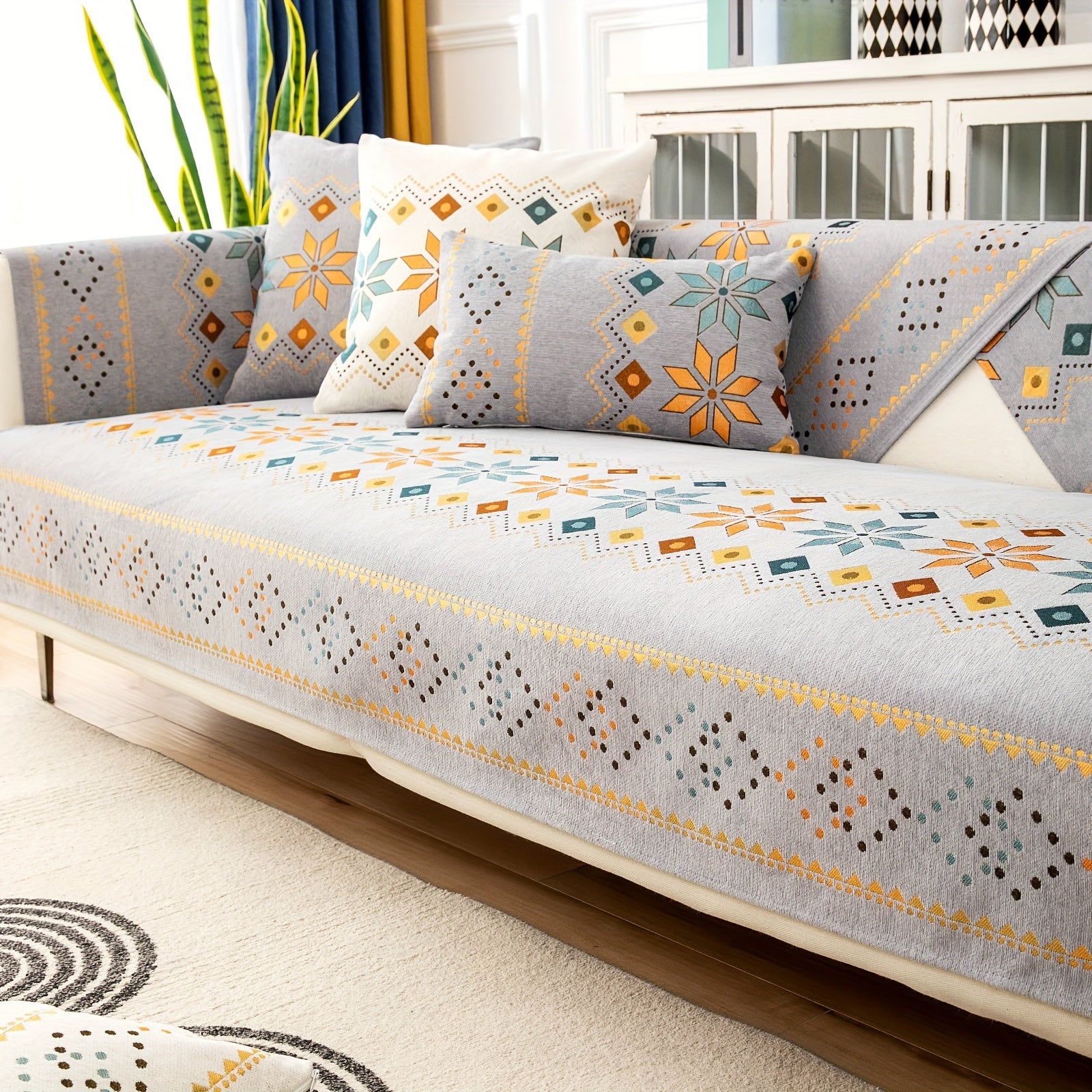 Bohemian Embroidered Sofa Slipcover with Pillowcase and Cushion Covers for Living Room and Bedroom