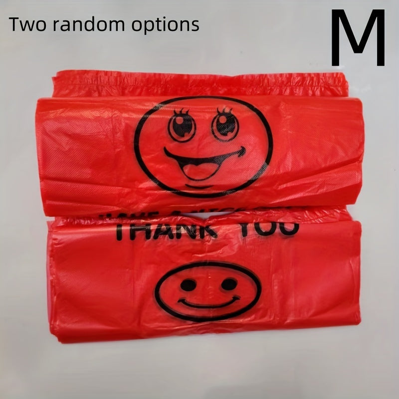 Pack of 50 Red Plastic T-Shirt Bags with Joyful Face Design, Reusable and Strong