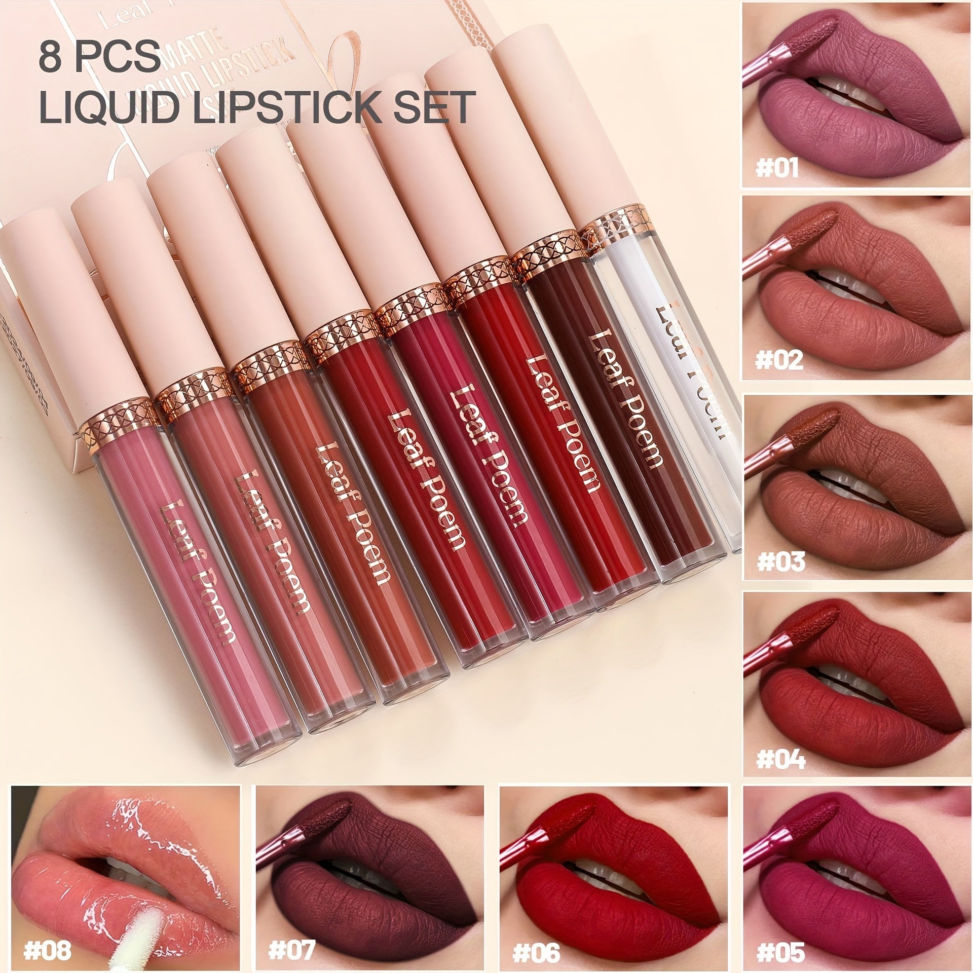 Women Matte Liquid Lipstick Set - Waterproof Long-Lasting in Brown Pink Purple Red