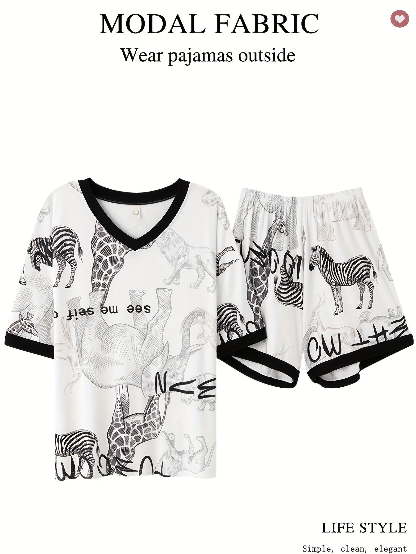 Women's Modal Pajama Set with Animal Print Short Sleeve V-Neck Top and Elastic Waist Shorts for Summer Lounge
