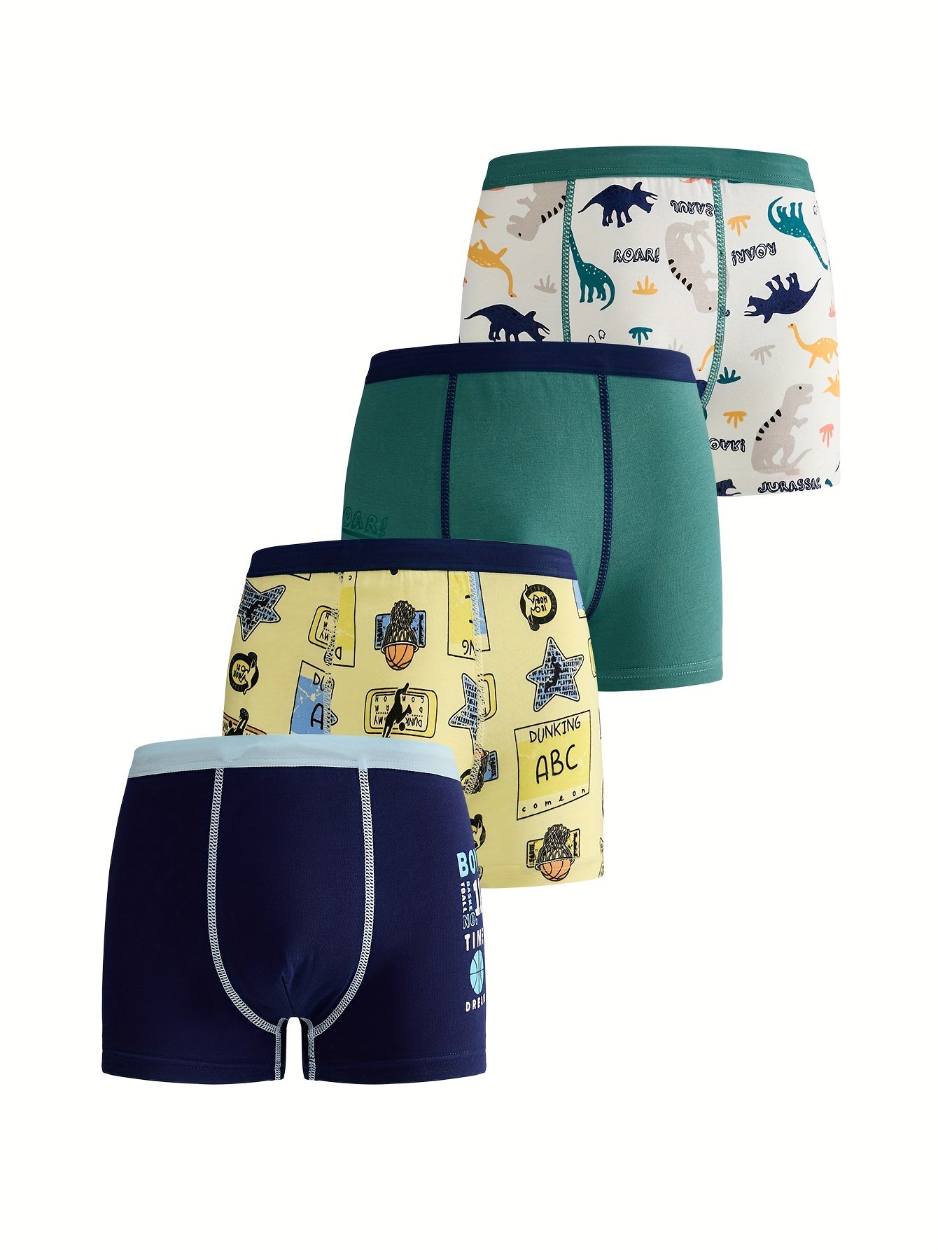 4-to'plam bolalar uchun paxta boxer shartlari, multfilm dinozavr va basketbol bosma bilan, barcha mavsumlar uchun tikilgan mato, odatiy fit