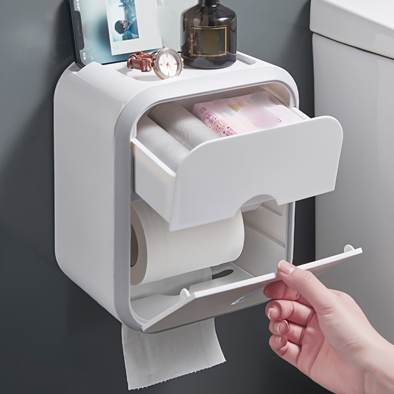 Wall-Mounted Toilet Paper Holder with Storage Shelf No Drilling Needed