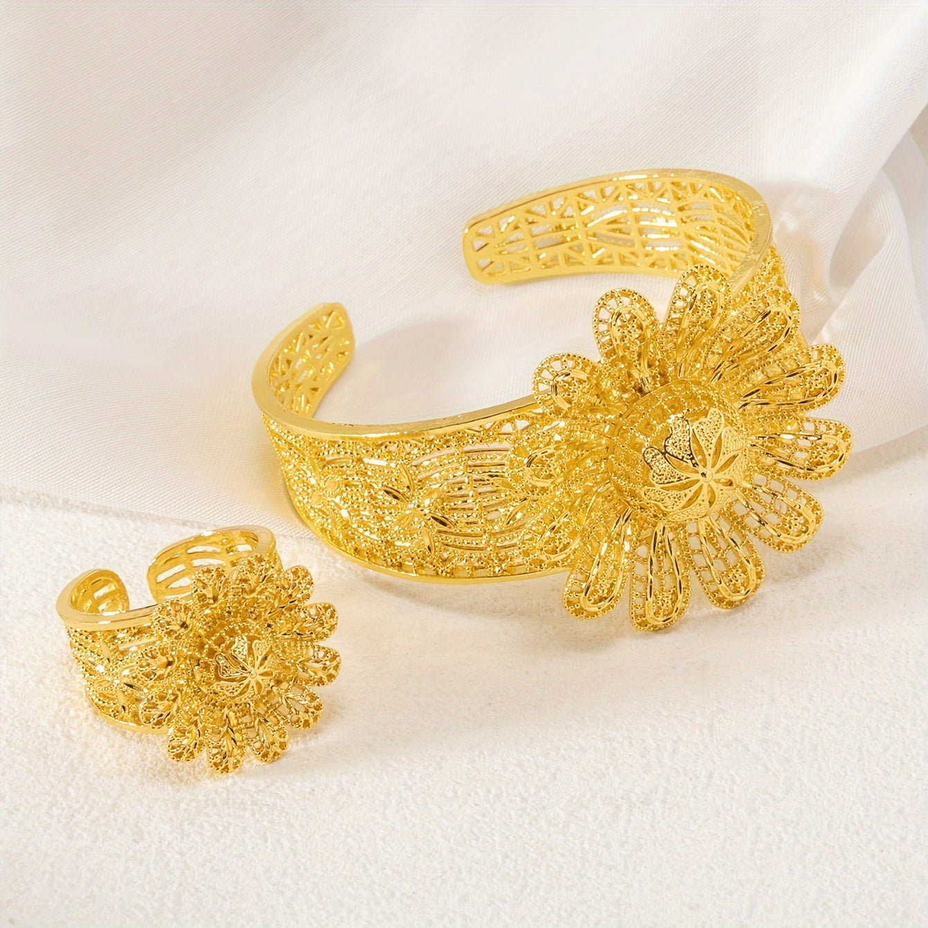 Women Flower Open Cuff Bracelet and Ring Set Alloy Jewelry for Everyday and Formal Wear