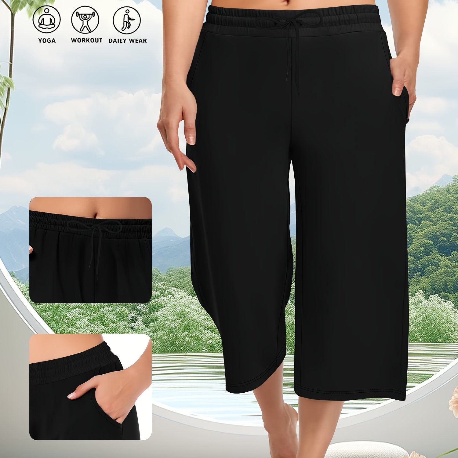 Women's Plus Size Drawstring Wide-Leg Pants with Pockets Gray Casual Summer