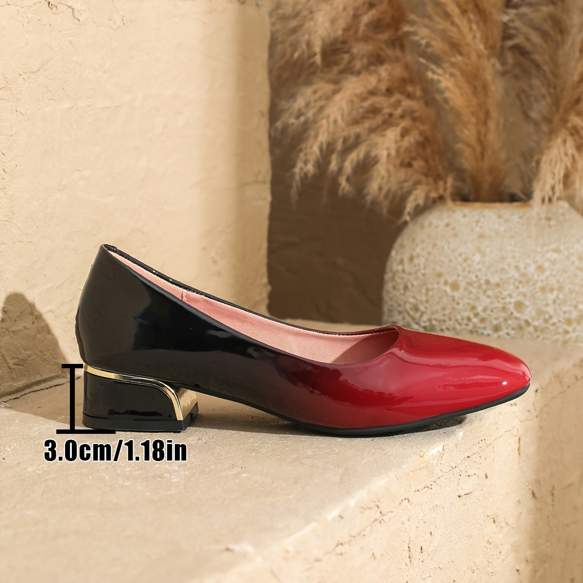 Women’s Red to Black Gradient Square Toe Pumps Glossy Chunky Heel Dress Shoes