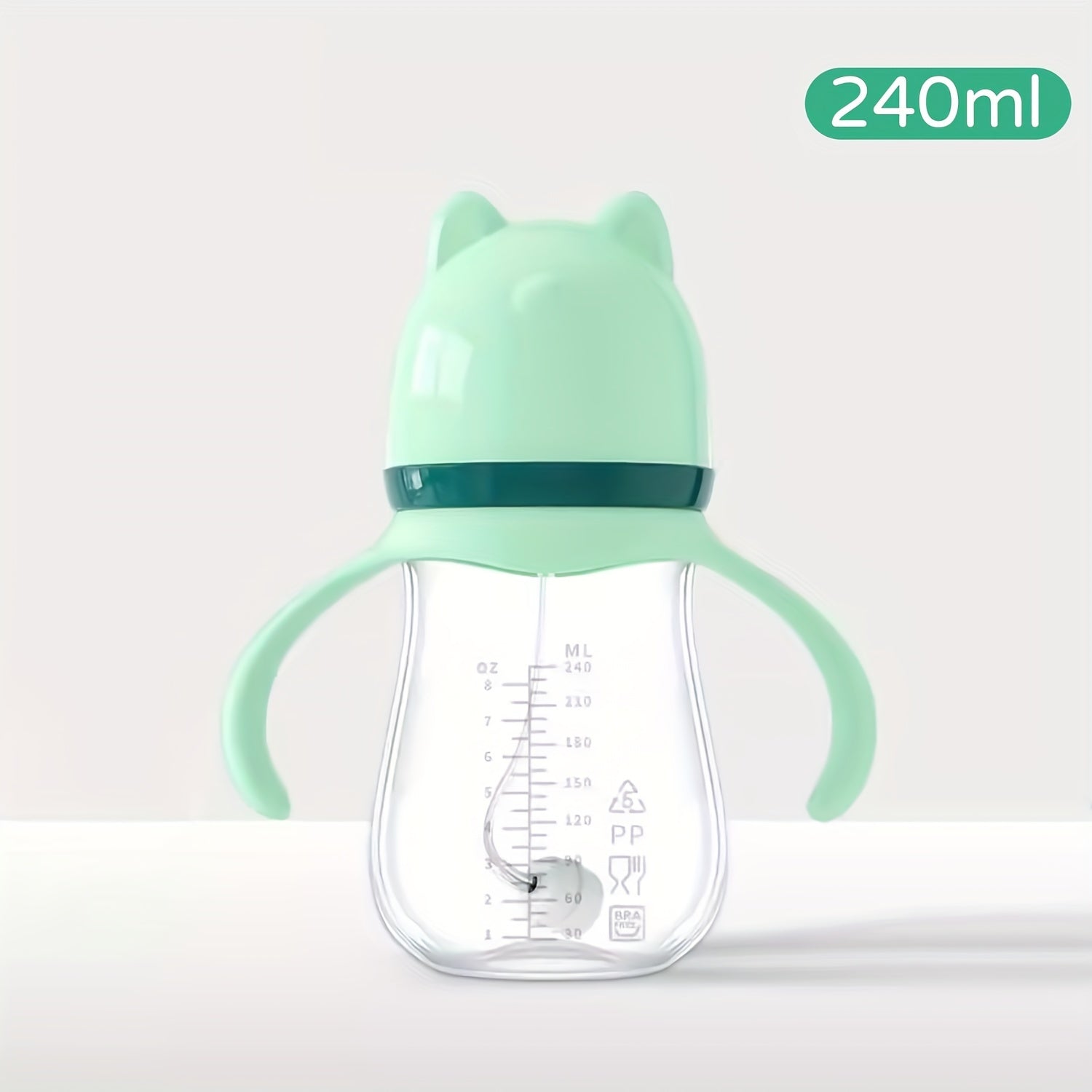 Baby Bottle 240ml with Cat Ears Heat-Resistant PP Wide Mouth Shatterproof for Newborns