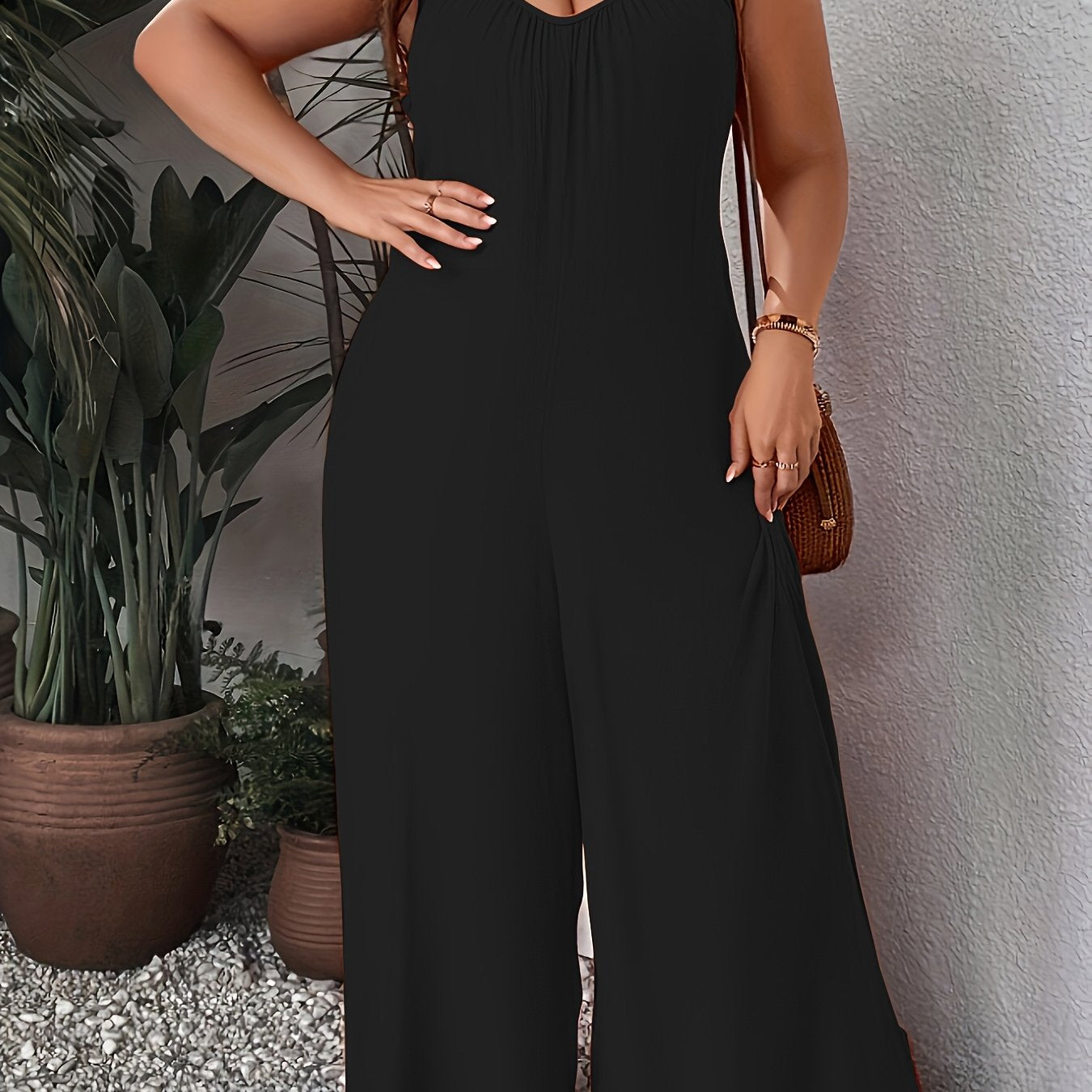 Plus Size Knit Pants V-Neck Slingback Solid Color Spring Summer