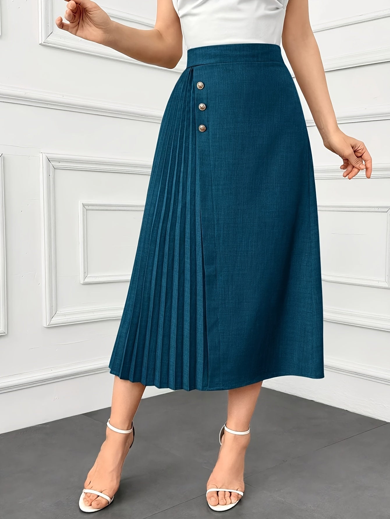 Plus Size Dark Blue Pleated Midi Skirt Ruffled Hem Belted Waist