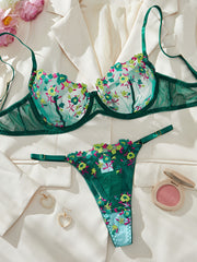 Women's Floral Mesh Lingerie Set with Unlined Bra and Panty