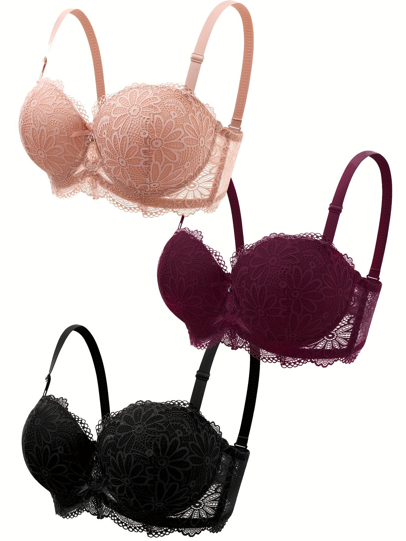 Women's Lace Push Up Bras with Contrast Design and Bow Tie Detail