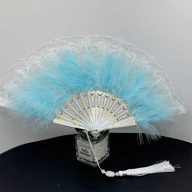 Handcrafted Feather Fan with Lace Edge and Jade Accent for Performances