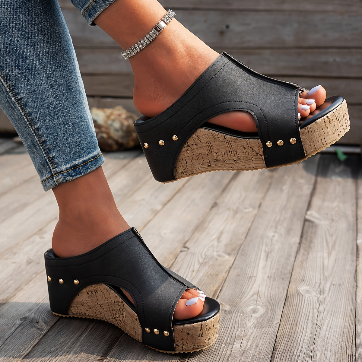 Women's Faux Leather Wedge Sandals Open Toe Slip-On Platform Shoes