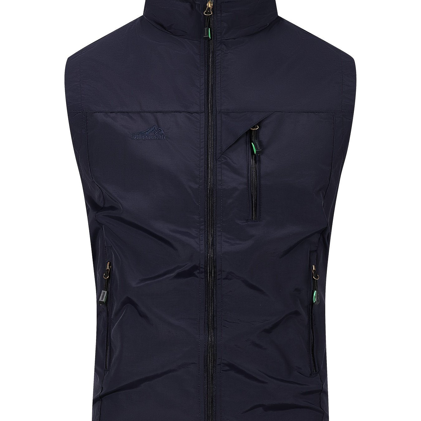 Men's Black Woven Polyester Sleeveless Vest with High Collar and Multiple Zipper Pockets for Outdoor Activities