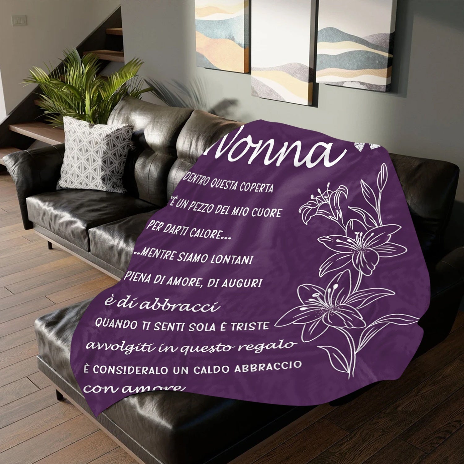 Personalized Sentiment Print Purple Fleece Throw Blanket Cozy Italian Language Design All-Season Gift