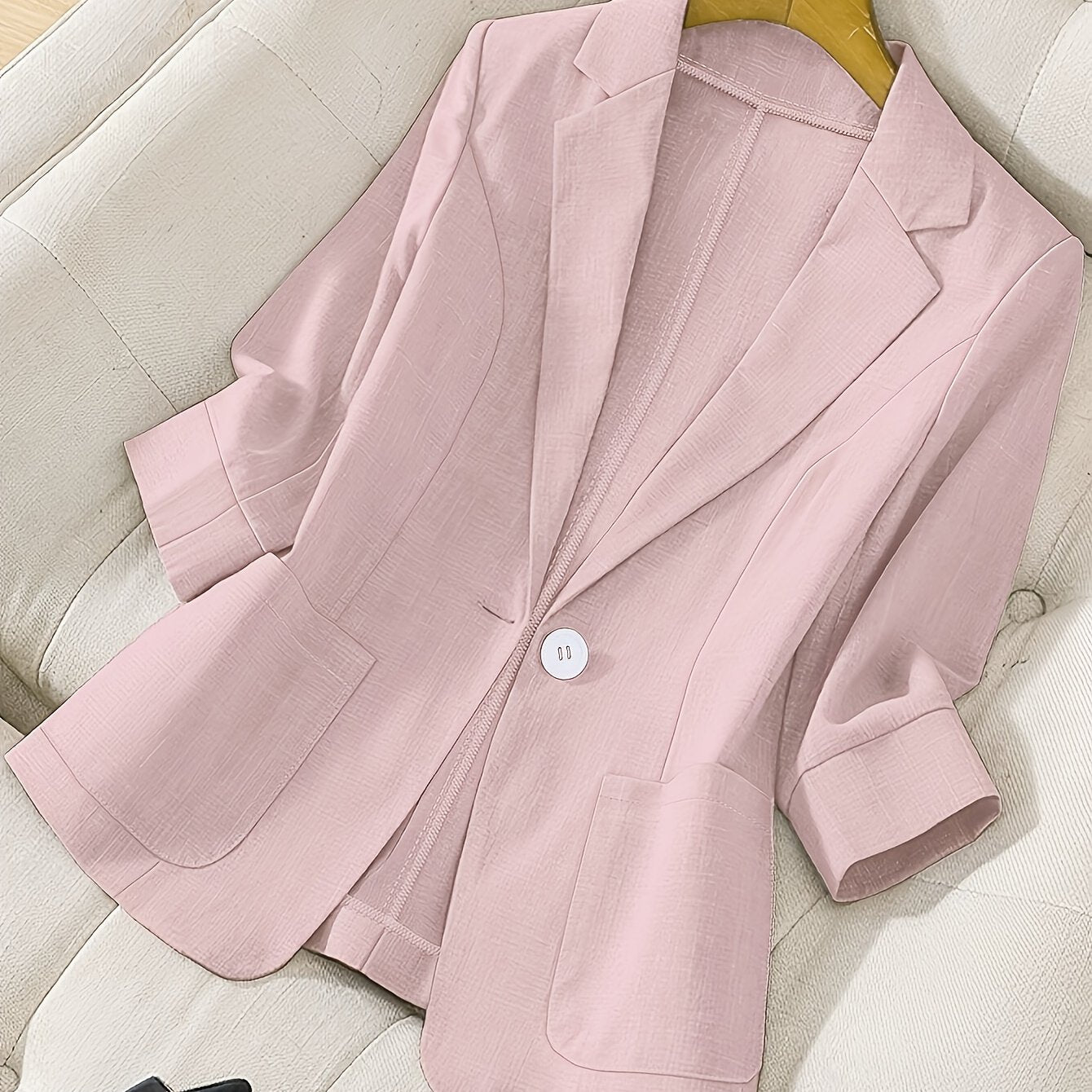 Women's Light Blue Blazer with Pockets Long Sleeve Notched Collar Polyester Spring Summer Office Casual